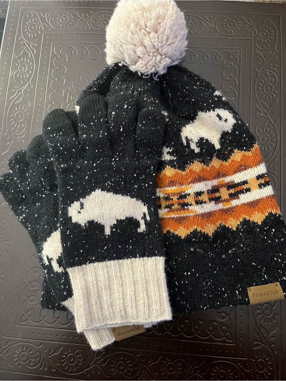 Pendleton Black, Cream & Orange Knit Pom Beanie and Gloves Set